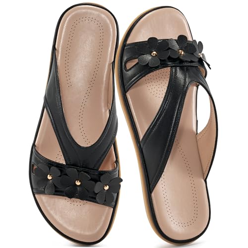 Image of Ecetana Womens Sandals Comfortable Dressy Summer Beach Slides Lightweight Memory Foam Slip On Flat Shoes