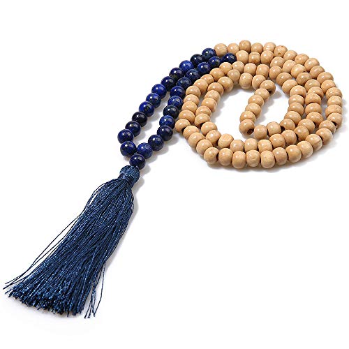 BALIBALI 8MM Semi-Precious Gem Stones Wood Mala Bead Necklace Multicolor Tassel Charms Chain Necklace Handmade Beaded Pendant Necklace for Women Men