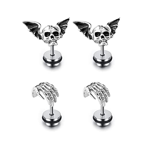 6 Pairs Punk Skull Earrings for Men Women Stainless Steel Silver Black Finger Skeleton Skull Stud Earrings Rock Ear Piercing Earrings Gothic Jewelery for Halloween4