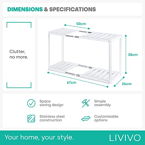 LIVIVO Under Sink Storage Caddy - White Adjustable and Extendable Multi Purpose Kitchen Bathroom Under Sink Rack Shelf Organiser Storage Tidy (White) - Image 2