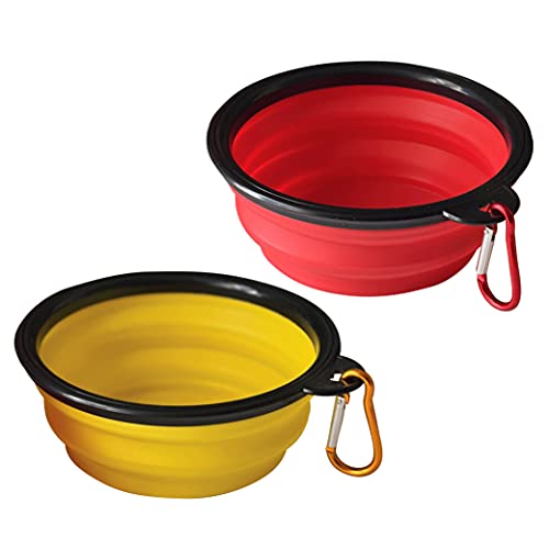 ARTISTRY Pack of 2 Collapsible Dog Bowl Portable Travel Dog Bowl for Small Pet Dog Cat Silicone Collapsable Dogs Drinking Bowl for Food Water Feeding with Metal Hook Foldable Dog Bowl(Red/Yellow)