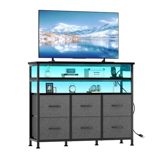 Image of NEWBULIG Dresser TV Stand with 6 Fabric Drawers and 2 Shelves, TV Media Console Table for Up to 45 inch, Entertainment Center with Charging Station for Living Room Bedroom, Grey