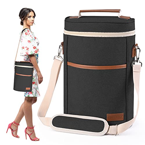 2 Bottle Wine Tote Carrier Insulated Portable Padded Canvas Wine Bag for Travel Party Great Gift for Wine Lover Black