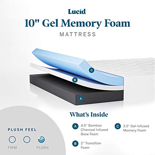 Lucid 10 Inch Memory Foam Plush – Gel Infusion- Hypoallergenic Bamboo Charcoal- Full Size Mattress, White #TOP3