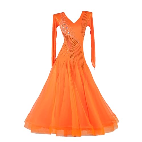 Hynyjxjy ,Naranja,L, Vestidos De Baile De Salón con Cuello En V para Competición Traje De Vals con Espalda Descubierta para Mujer Conjunto De Baile De Salsa De Manga Larga Ropa De Baile De Moderno