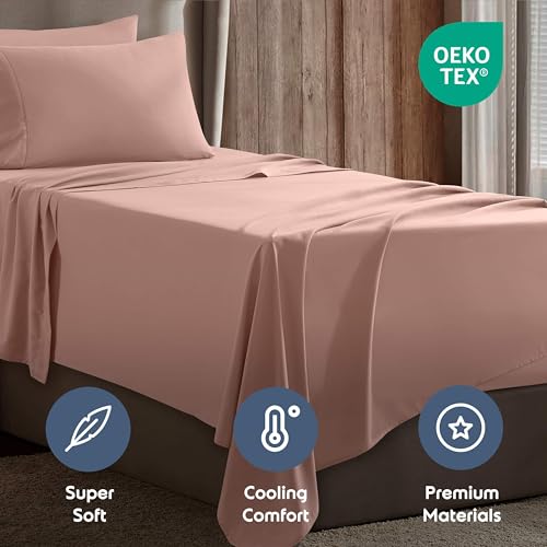 Image of Nestl Twin Bed Sheet Set - Peach Beige - 3-Piece Deep Pocket | Instantly Soft, Night-One Ready (No Wash Required). Fits 16-Inch Deep Pockets, 360-Degree Elastic Grip