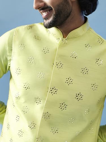 Image of KISAH Men Printed Kurta Jacket Set, Full Sleaves, Knee Length, Straight, Regular Fit, Mandarin Collar Ethnic Wear