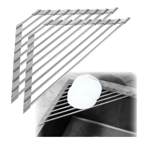 UZAMIRLEX Escurreplatos Enrollable, El triángulo del Acero Inoxidable Rueda for Arriba el Estante de sequía del Plato for los tamaños de Paquete múltiples del Negro Gris del Fregadero(Grey,2PCS)