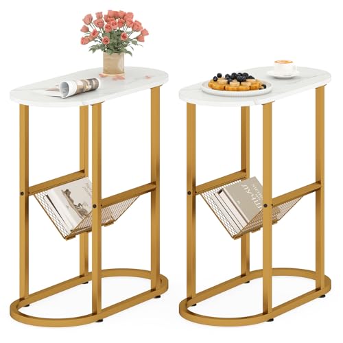 COSTWAY Narrow Side Table, 2-Tier Slim Oval Sofa End Table Nightstand with Magazine Holder, Metal Frame Accent Bedside Couch Tea Tables for Small Space, Living Room, Bedroom (2PCS, Marble White+Gold)
