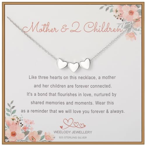 Weelody Mother and 2 Children Necklace Sterling Silver 3 Heart Necklace Mothers Day Gifts for Mummy Birthday Gifts for Mum