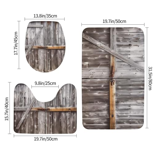 YoupO Alte hölzerne Scheunentor-Druck-Badezimmer-Teppich-Sets, 3-teiliges saugfähiges WC-Deckelbezug, rutschfest, U-förmige Konturmatte für Toilette Badezimmer – Bild 3