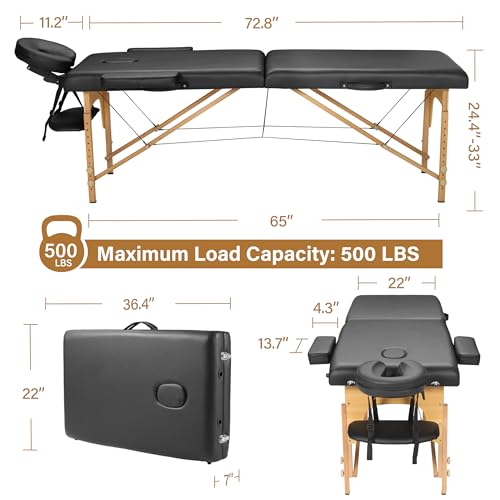 PrimeZone Portable Massage Table Lash Bed- Height Adjustable 2 Folding Massage Bed, Black Tattoo Lash Table with Carrying Bag, Professional Wooden Spa Table for Eyelash, Facial, Home, Therapy, Salon - Thumbnail 2