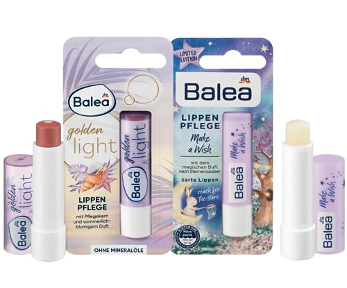 Balea 2er-Set Lippenpflege: Pflegestift GOLDEN LIGHT für weiche Lippen mit sanfter Farbe, Pflegekern & sommerlich-blumigem Duft (4,8 g) + Pflegestift MAKE A WISH Bienenwachs & Sheabutter (4,8g), 9,6 g