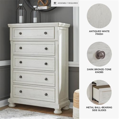 Image of Signature Design by Ashley Robbinsdale Tall Chest of Drawers, Antique White | 5 dovetail drawers, 58-in vertical profile, Select oak veneer, Engineered wood, Solid wood components, Cast resin components