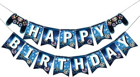 Video Game Happy Birthday Banner (Blue) Gaming Birthday Party Decorations for Kids Player Gaming Themed Party Decorations Assembled