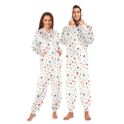 Wudan Pijama enterizo para adultos con capucha y estrellas del 4 de julio, 4 de julio, XXL