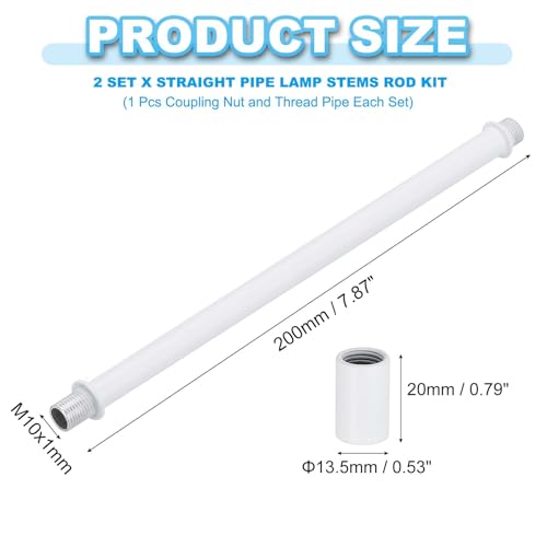 Image of PATIKIL Straight Pipe Lamp Stems Rod Kit, 2 Set M10 Carbon Steel 200mm(7.87 inch) Long Double End Thread Rod with Coupling Nuts Sleeve Connector for Table Lamps Chandeliers,White