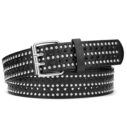 Image of Studded Belts for Women, Black Leather Belt for Jeans with Double Star Holes