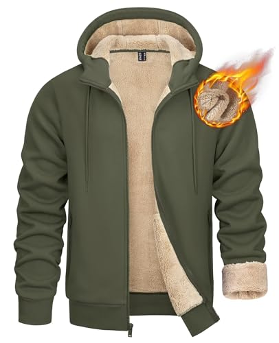 KEFITEVD Hoodies for Men Sherpa Fleece Lined Hooded Jacket Winter Warm Zip Up Sweatshirts with Pockets,Army Green,L