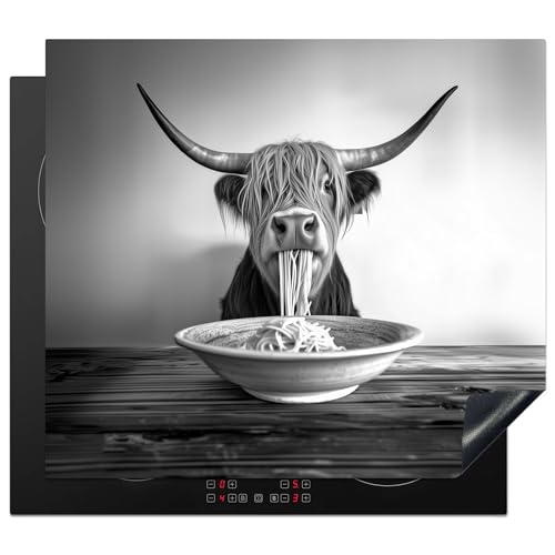 KitchenYeah© Cubre Vitrocerámica - Protector Vitroceramica Induccion 60x52 cm - Tapa Vitroceramica - Protector de Vitroceramica Highlander Escocés - Pastas - Animales - Blanco y Negro