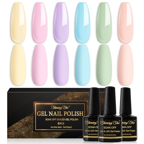 Shining She Smalto Semipermanente Macaron, 6 Colori Caramella Pastello Rosa Blu Verde Viola Giallo Smalto Semipermanente Unghie Soak-Off UV/LED, Estate Regalo per Salone di Manicure DIY a Casa, 8ML