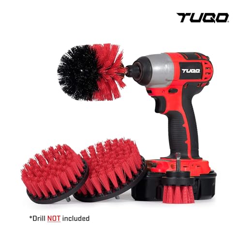 Image of TUQO SB20R Drill Brush Attachment Set | Power Scrubber Cleaning Kit for Outdoor Surfaces, Siding, Gutters, Brick & Garage | Stiff Bristles | Hex Shank Fits Most Drills | Red