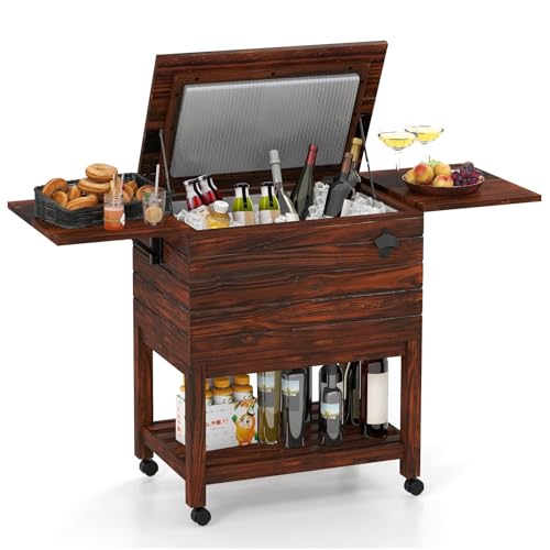 FANTASK Carrello refrigerante in legno, carrello da servizio, carrello per bevande con apribottiglie e 2 ripiani laterali e ripiano inferiore, refrigeratore per bevande, carrello frigo, refrigerante
