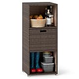 HAPPYGRILL Outdoor Storage Cabinet PE Rattan Wicker Storage Shed Organizer with Shelves Drawer, for Patio Porch, Garden, Backyard and Poolside (Mix Brown)
