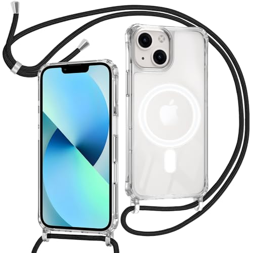 ZYIMOU für iPhone 13 Mini Hülle mit Band Kompatibel mit MagSafe Transparent Magnetische Handyhülle mit Kordel zum Umhängen Handyband Stossfest SchutzhülleKette Schwarz