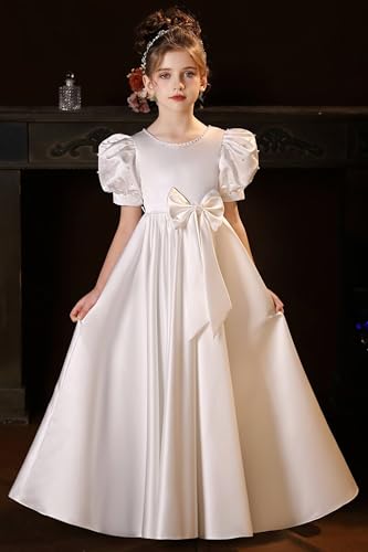 Satin Flower Girl Dresses for Wedding Puff Sleeves First Communion Dress Pearl Girls Ball Gown with Bow2