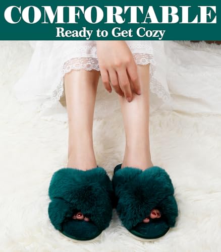Image of Ankis Women's Fuzzy Slippers Cross Band Memory Foam Open Toe Comfy Soft House Shoes Anti-Slip Indoor Outdoor Gifts for Women
