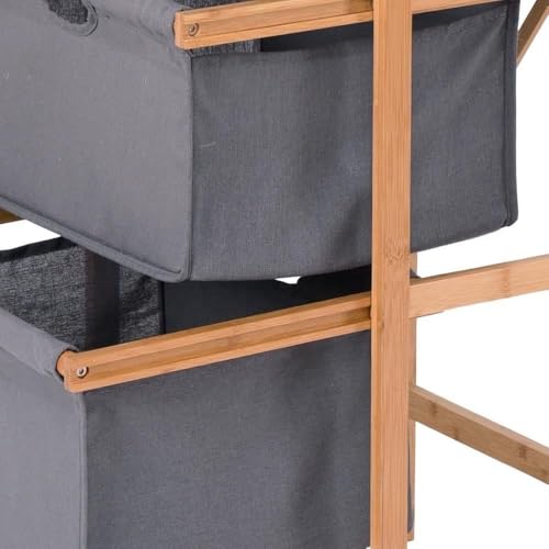 Image of Lukzer 3 Layer Vertical Bamboo Storage Shelf with Removable Fabric Drawers, Multipurpose Tall Organizer for Bathroom, Bedroom, Laundry, Living Room & Office, Space-Saving Wooden Rack, Grey (CH-011)