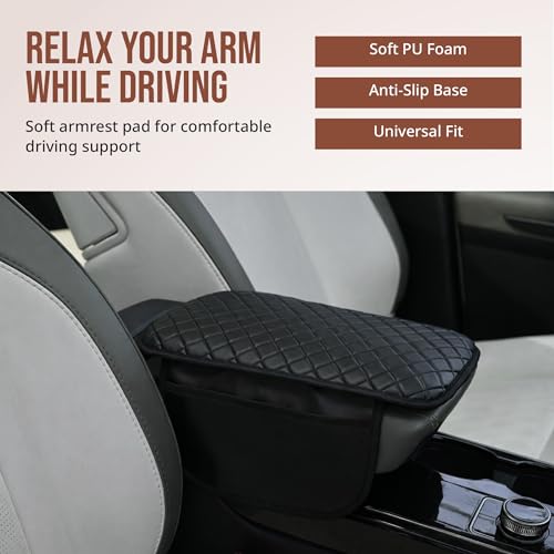 Image of Premium Car Armrest Cushion Pad - Soft PU Foam Console Pad for Relaxed Driving | Universal Fit Arm Support for Road Trips & Daily Commutes | Anti-Slip & Durable (Black)