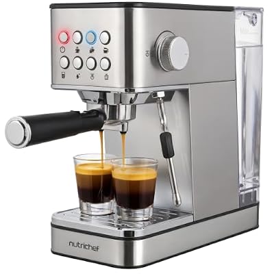 NutriChef 20-Bar Espresso Maker With Milk Frother | Removable 1.8 Quart Water Tank | Coffee Maker for Brewing Espresso, Cappuccino, Latte, Americano & Cold Brew Coffees | Stainless Steel