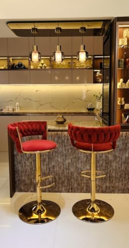 Image of Creative Red Velvet Bar Chair | Modern Adjustable Bar Stool for Home, Kitchen & Bar Use | Electroplated Metal Base | 1.87 Feet Seat Height | Tufted Design | Qty 1