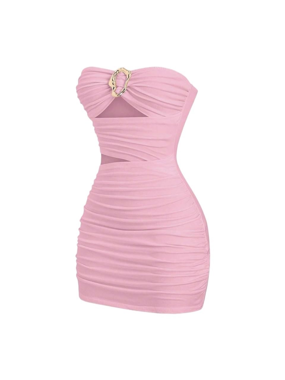Women's Casual Sleeveless Cutout Bodycon Mini Dress Sexy Fitted Strapless Dress With Metal Buckle For Summer Fashion