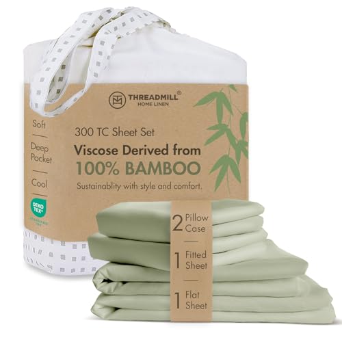 Image of Threadmill 300 TC Viscose Made from Bamboo Cal King Sheet Set, Sage Green | 16 inch Deep Pocket, Cooling Sheet, Breathable, Lightweight, OEKO-TEX Certified