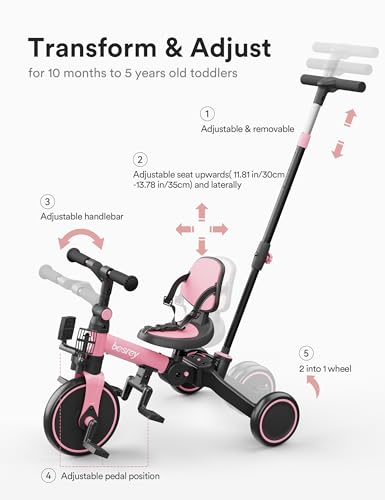 besrey 4 in 1 Toddler Bike, Toddler Tricycle for 1-3 Year Old, Trike with Push Handle, Backrest and Safety Belt, Birthday Gifts and Toys for Boys and Girls, Balance Bike - image 4