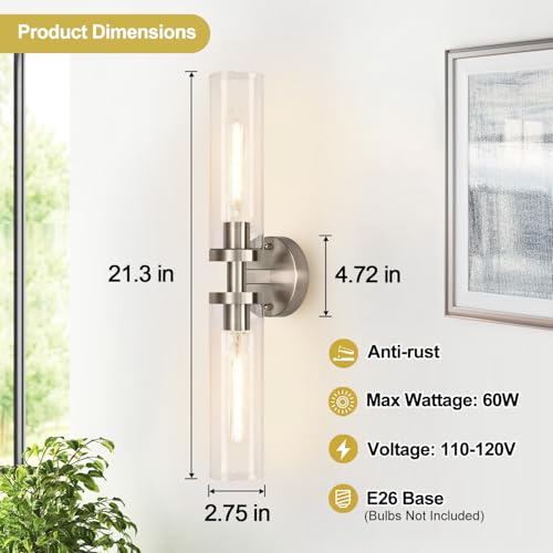 Image of Wall Sconces Set of Two, Hardwired Brushed Nickel Bathroom Sconces Wall Lighting with Clear Glass, Modern Sconces Wall Decor Set of 2 Bathroom Light Fixtures for Mirror Hallway (Bulbs Not Included)