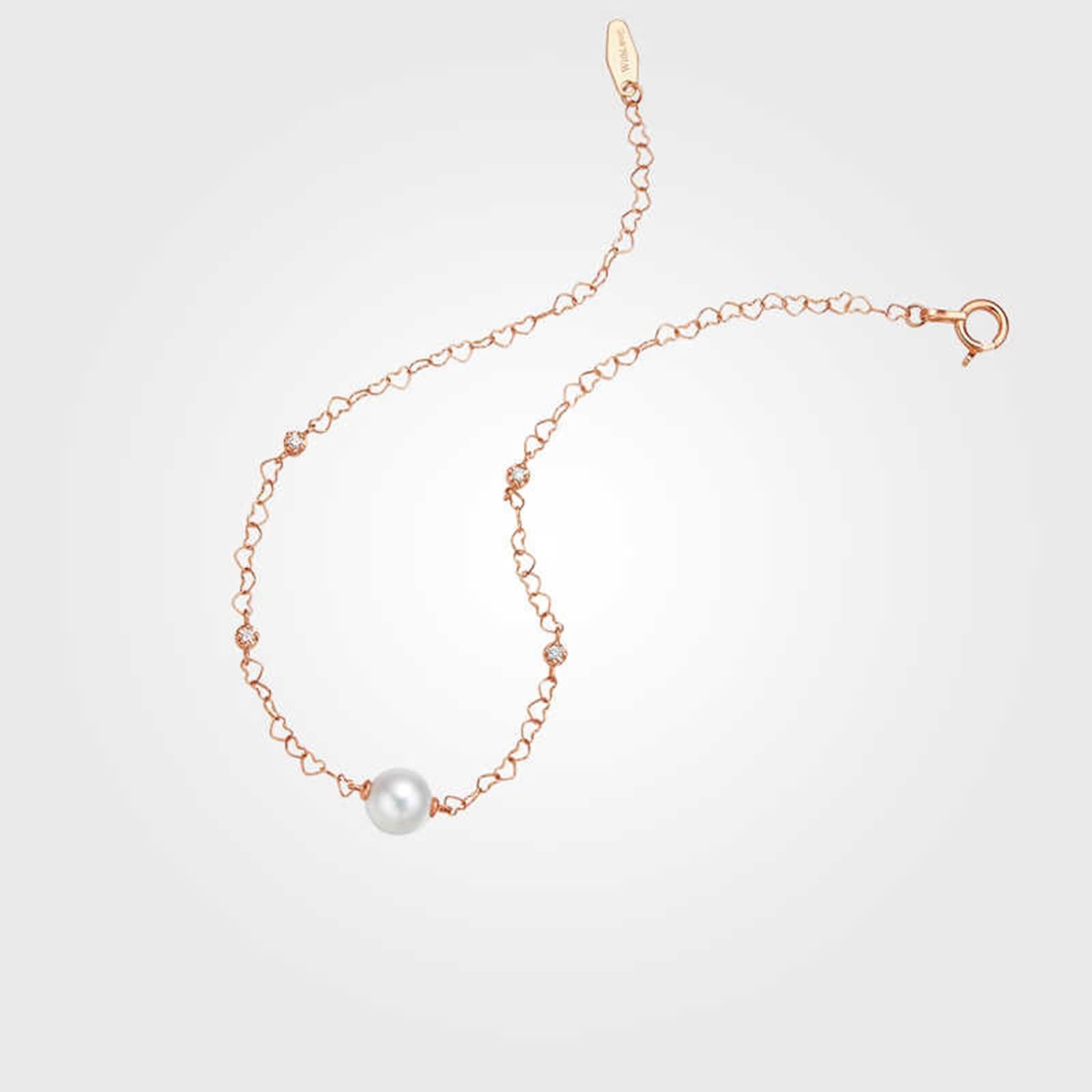 Pulseras Oro Rosa Mujer 9 Kilates / 14 Kilates / 18 Kilates, Corazón Hueco y Perla de 5,5-6 MM con Diamante, Cadena 16 CM, Pulseras de Mujer de Oro Rosa