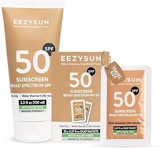 EEZYSUN Mineral SPF 50 Sunscreen Snap Packets + 3.3 fl oz | 10 Travel Snap Packets, Non-Greasy, Weightless, Sweat-Resistant, Vegan & Reef-Safe, UVA/UVB Protection, For All Skin Types