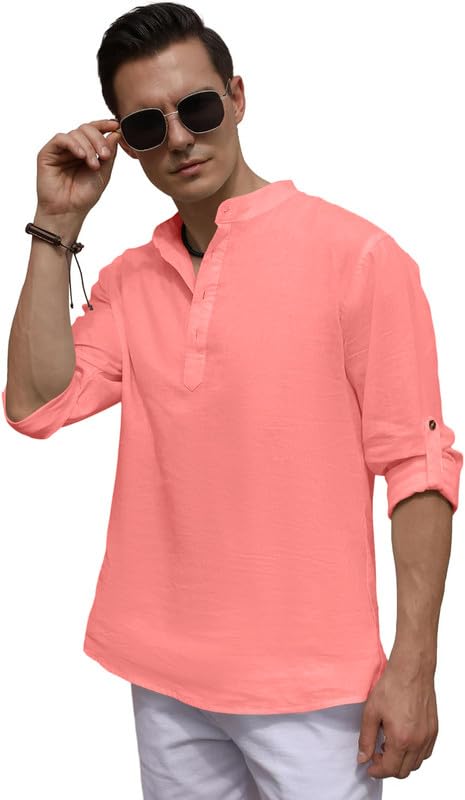 Image of ROYALSCOUT Men's Cotton Blend Casual Short Kurta Shirt with Notch Neck and Button Detail | Full Sleeve Straight Fit Lightweight Ethnic Top for Summer