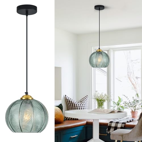 LBSQJ Gray Green Glass Pendant Lights Kitchen Island 1 Pack 7.87 in Hand Blown Glass Globe...