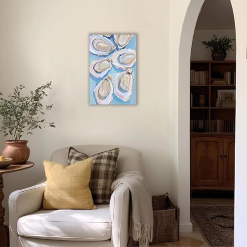 Image of Pastel Blue Oyster Shell Poster Abstract Coastal Shell Canvas Wall Art Funky Colorful Summer Beachy Picture Prints Painting For Home Living Room Kitchen Restaurant Wall Decor 8x12in Framed