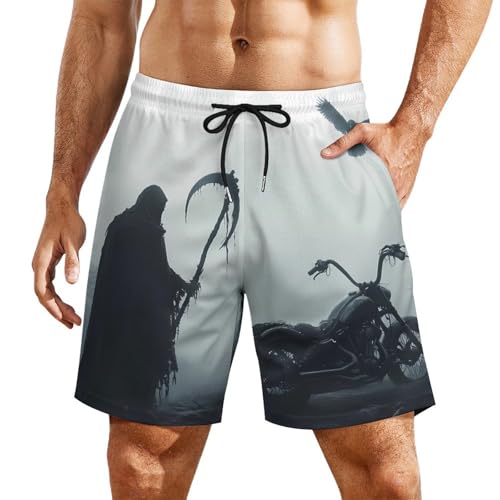 Motorcycle Grim Reaper Biker Mens Swim Trunks Quick Dry Beach Board Shorts with Pockets