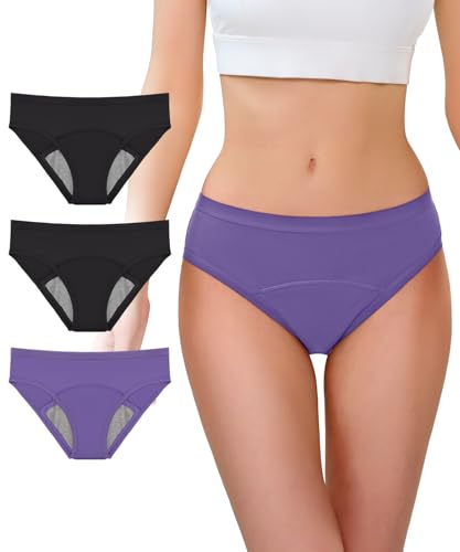 CARER Period Underwear for Women, Mid-Waist Leakproof Cotton Briefs, Reusable Menstrual Panties for Active Daily Incontinence Underwear with Absorbent Inner Layer, 3-Pack(Black*2,Purple),3XL