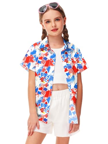 Image of Remimi Unisex Kids 4th of July Button Up Shirt Boys American Flag Print Hawaiian Beach Short Sleeve Tops 5-14 Years