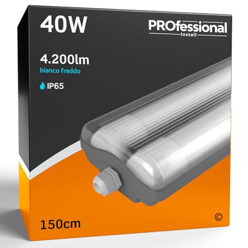 Eurocali 1x Plafoniera IP65 Impermeabile 40W Trasparente 4200 Lumen + 2 Tubi LED da 150cm - Luce Bianco Freddo 6400K - Fascio Luminoso 120° - Sostituzione Neon