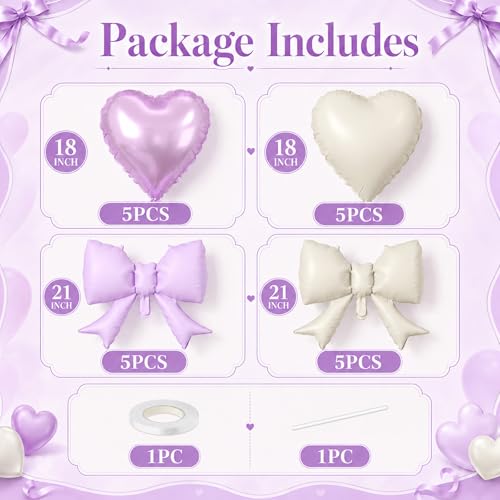 20 PCS Cream Purple Heart Balloons, White Bow Balloons, 18 Inch Heart Shaped Balloon 21 Inch Bow Balloon for Girls Women Birthday Valentines Galentine's Day Bridal Wedding Proposal Baby Shower Party by FunHot - Used condition - Image 2