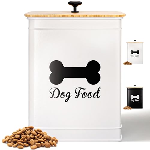 Dog Food Container Airtight 5-7 lb (25 Cup) Capacity - Cute Airtight Dog Food Storage Container with Bamboo Lid & Sturdy Metal Handle - White Metal Kibble Storage Bin for Dogs up to 50 lbs - Pet Jar